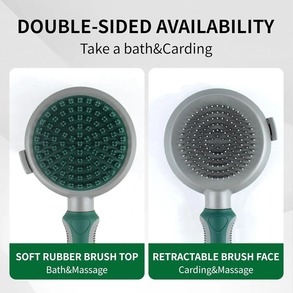 Green two-sided silicone pet brush with retractable slicker pins and a silicone massager head.