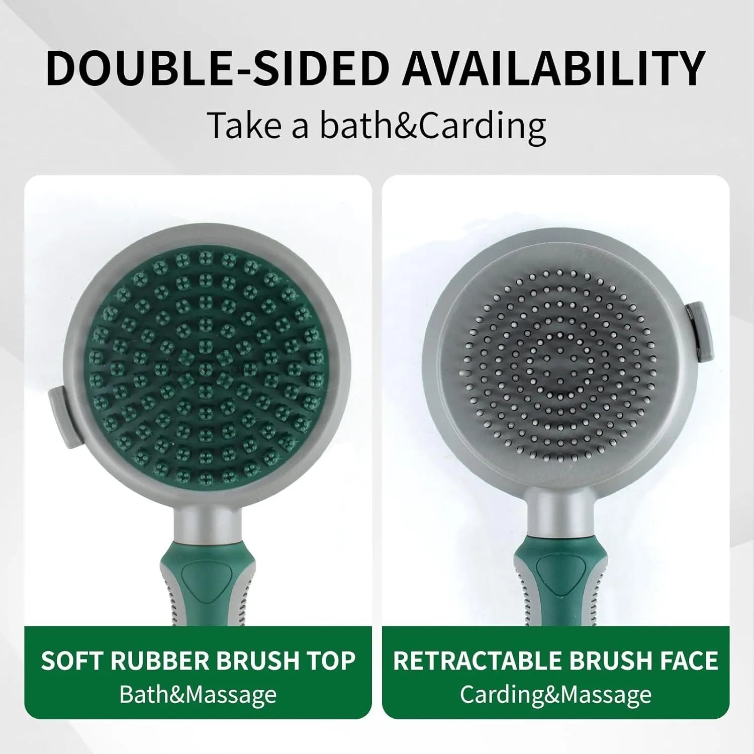 Green two-sided silicone pet brush with retractable slicker pins and a silicone massager head.