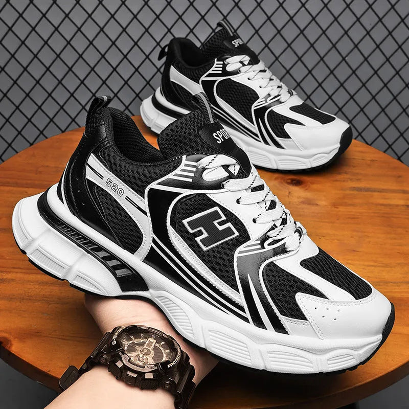 Men's mesh casual running shoes in black, grey, or orange with rounded toe and plastic sole