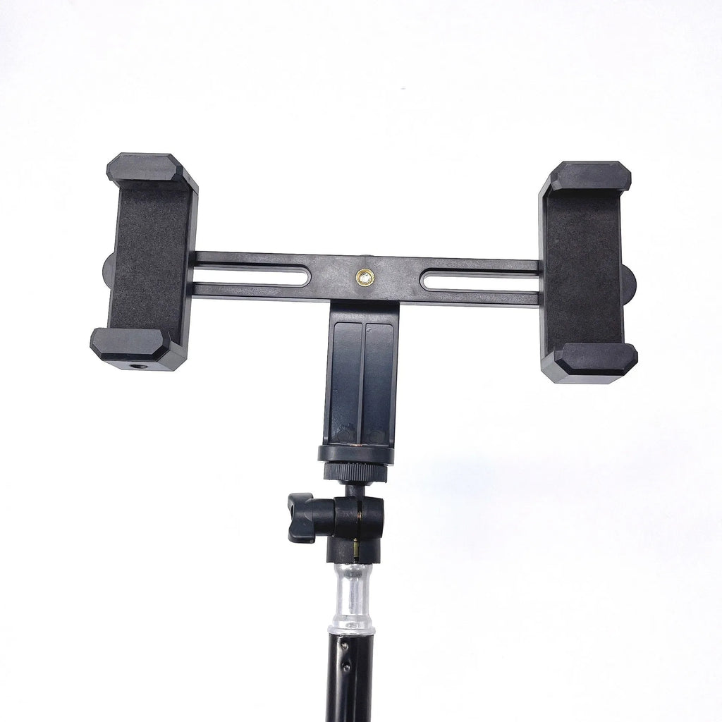 Black retractable mobile phone tripod with 1.1m, 1.6m, and 2.1m heights, metal ABS nylon build, 7kg load.