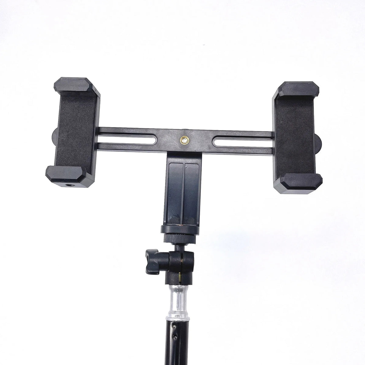 Black retractable mobile phone tripod with 1.1m, 1.6m, and 2.1m heights, metal ABS nylon build, 7kg load.