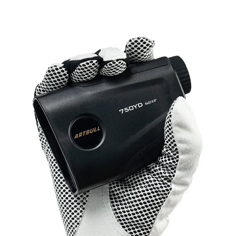 Golf laser rangefinder with LCD display showing distance measurement, featuring USB Type-C charging port