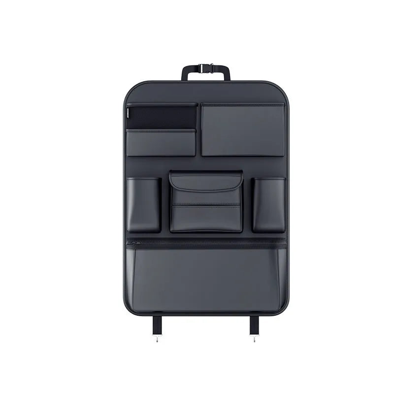 Black leather car seat back storage hanging bag with handle shown in large and small size options