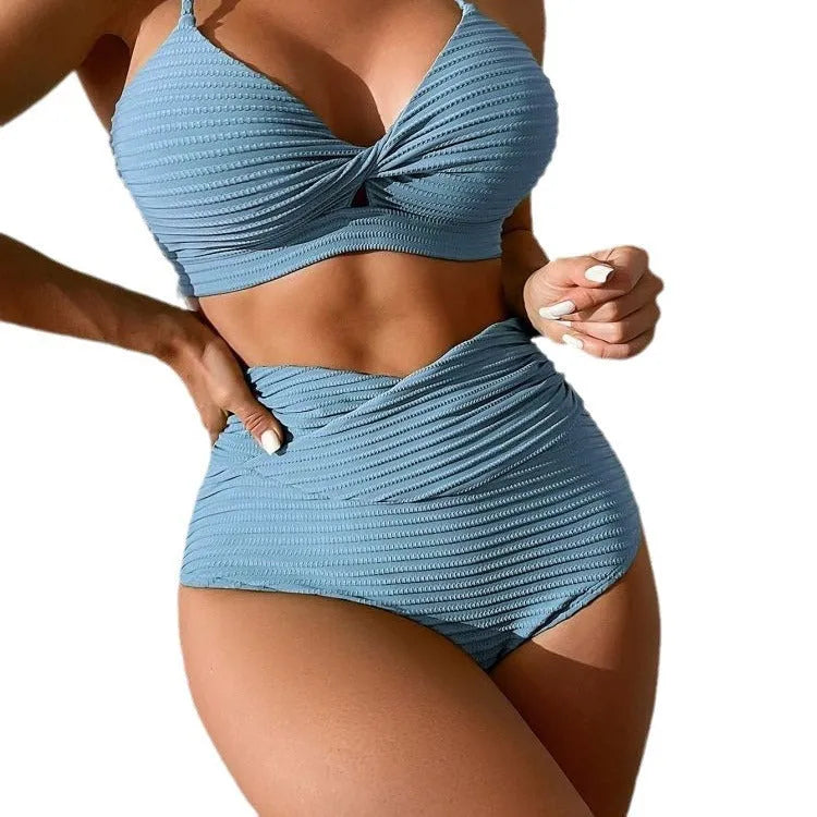 Women's solid colour polyester bikini two-piece swimsuit shown in available colour options