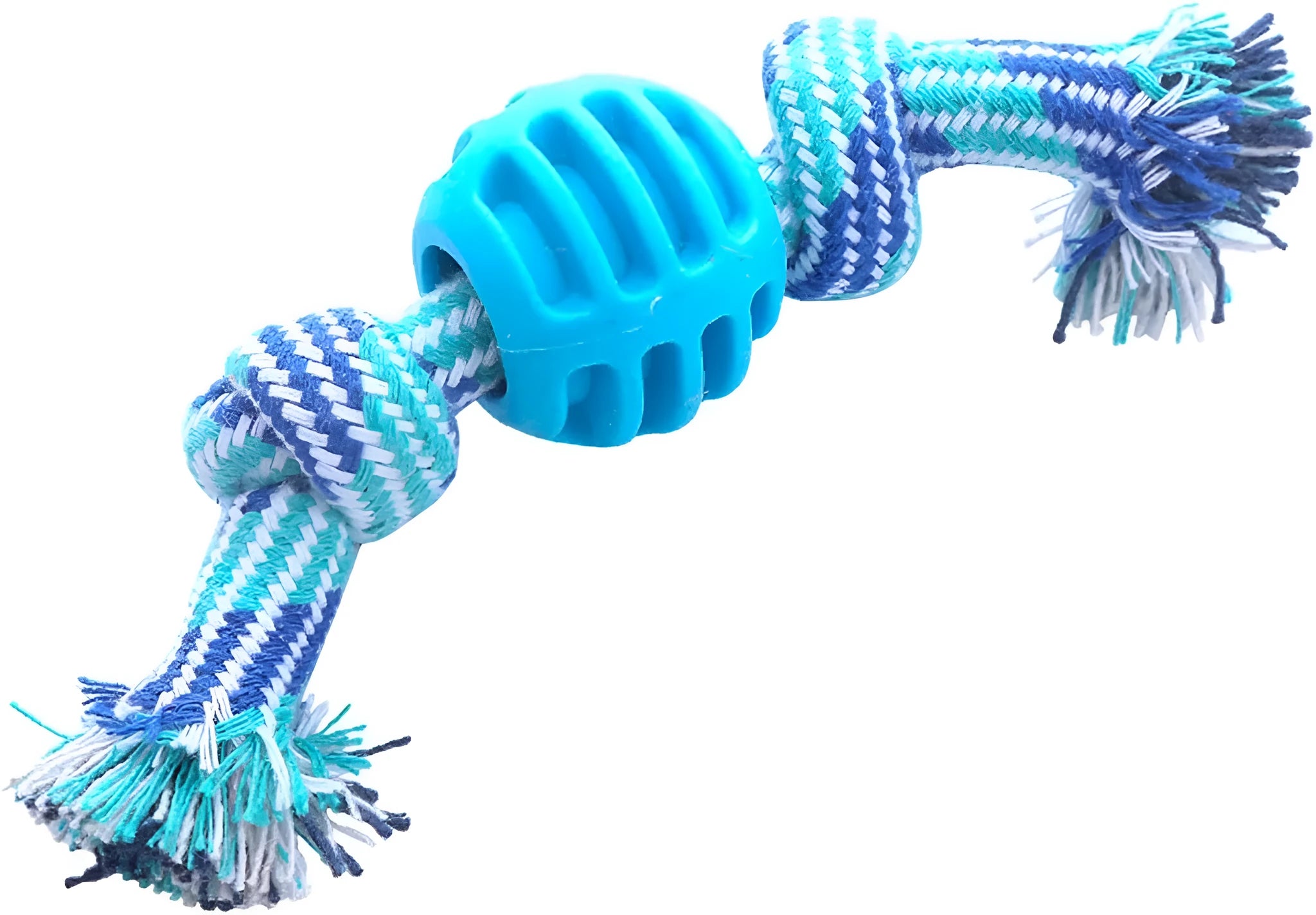 Blue dog chew toy with rope handles and textured surfaces for dental cleaning