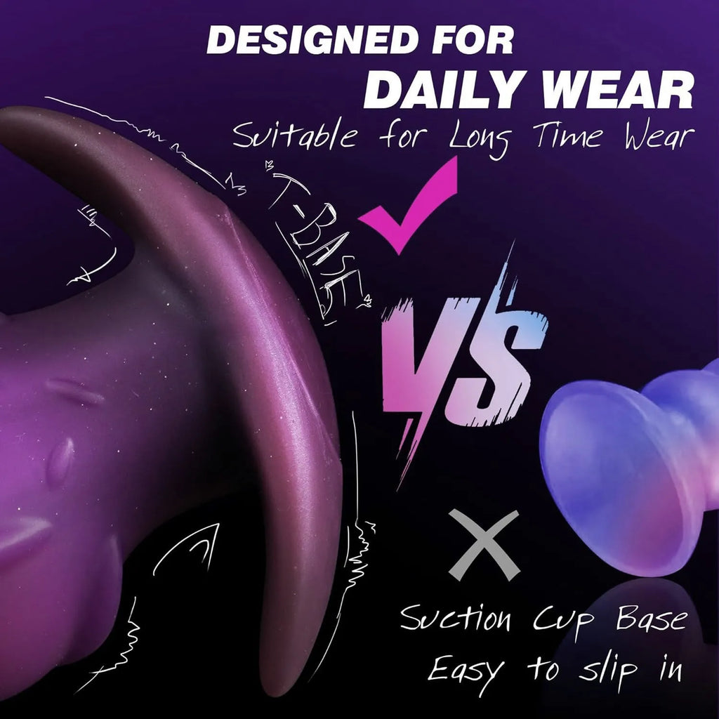 A purple wearable silicone masturbator for adults, shown alongside gold and black colour options.
