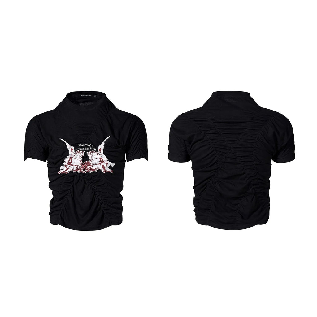 Black men's slim fit short sleeve summer shirt with printed design and round neck collar