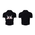 Black men's slim fit short sleeve summer shirt with printed design and round neck collar