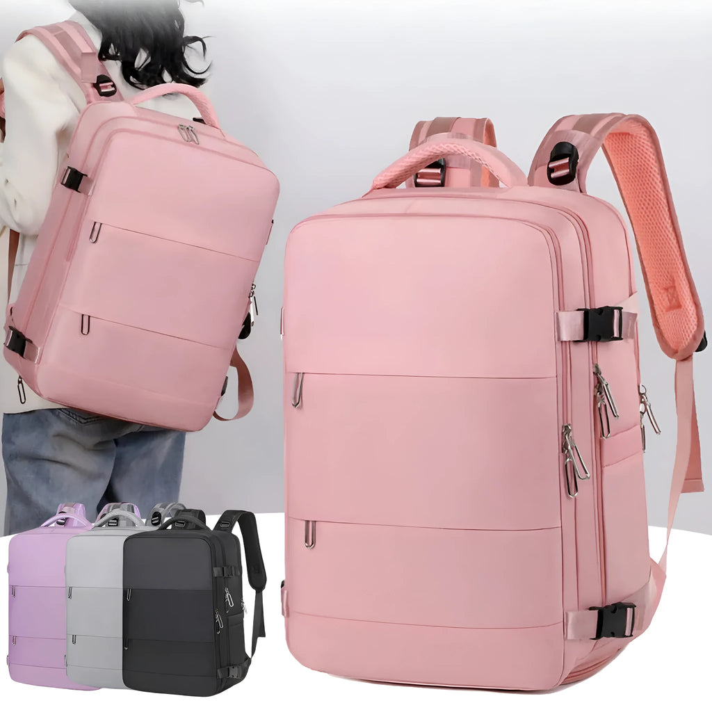 Large capacity travel backpack in purple with multiple compartments and air pillow belt system