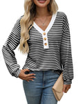 Women's V-neck pullover top with patchwork detailing and long sleeves in loose streetwear fit
