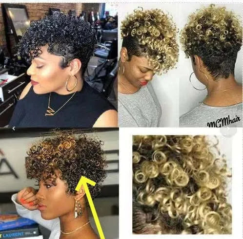 Women's short rolls style synthetic wig in Kanekalon, shown in black, brown, gold, and grey colour options.
