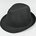 Classic wool felt fedora trilby hat for men on a stand, shown in navy blue.