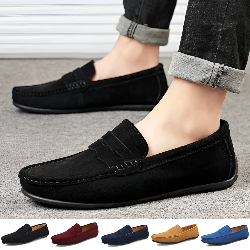Men's brown suede slip-on loafers with round toe and flat rubber sole