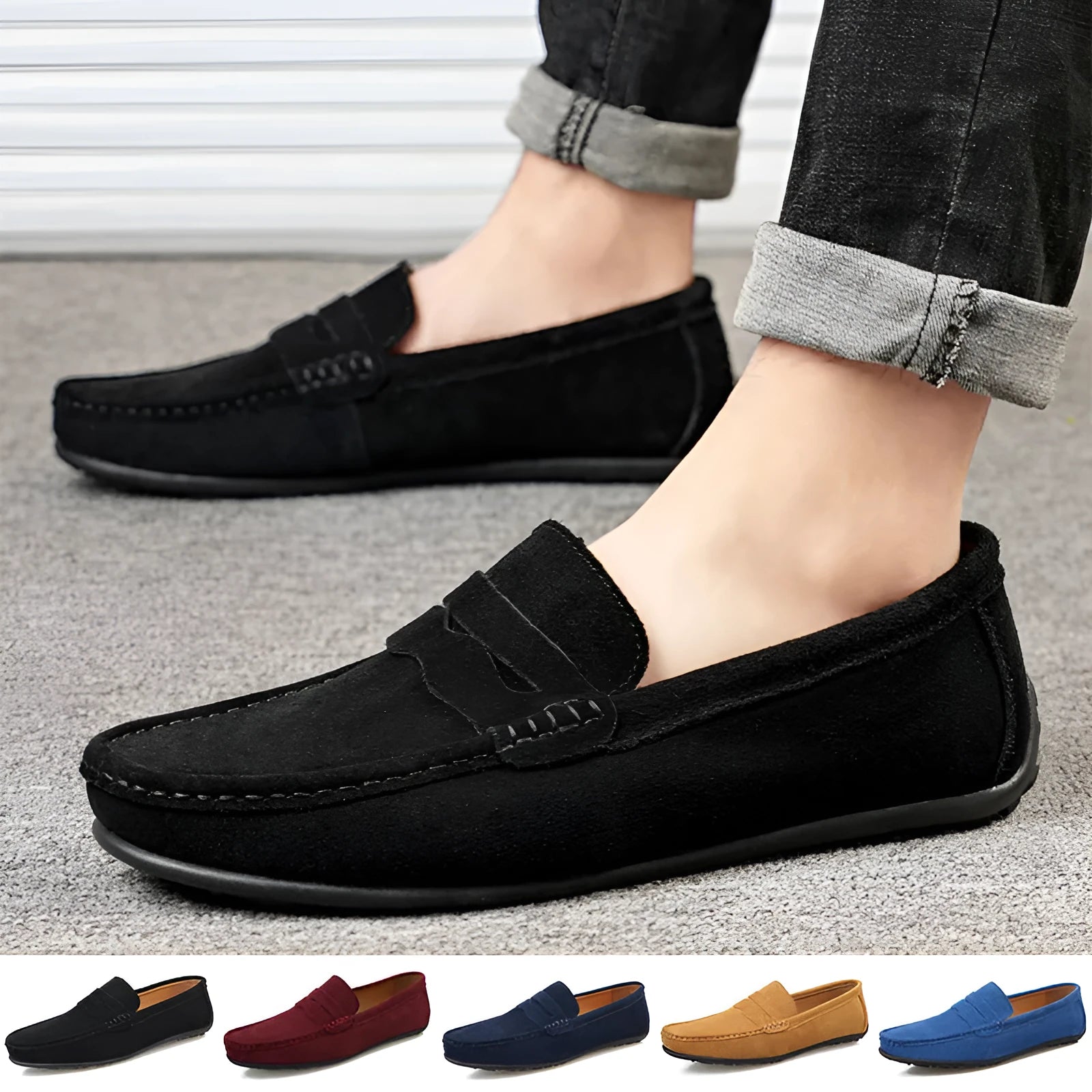 Men's brown suede slip-on loafers with round toe and flat rubber sole