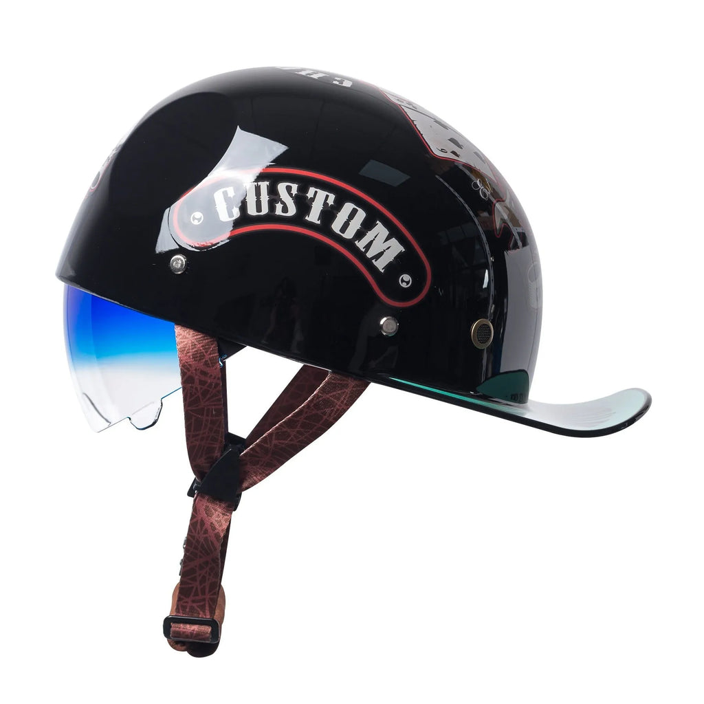 Men's bright black retro half helmet for electric bicycles with a blue gradient lens visor.