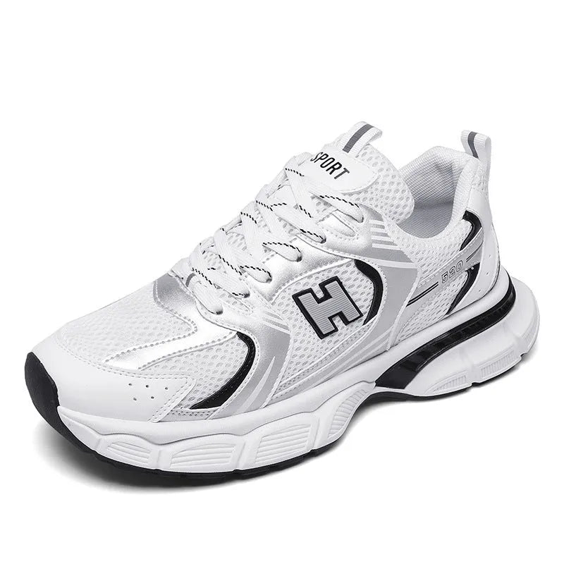 Men's mesh casual running shoes in black, grey, or orange with rounded toe and plastic sole