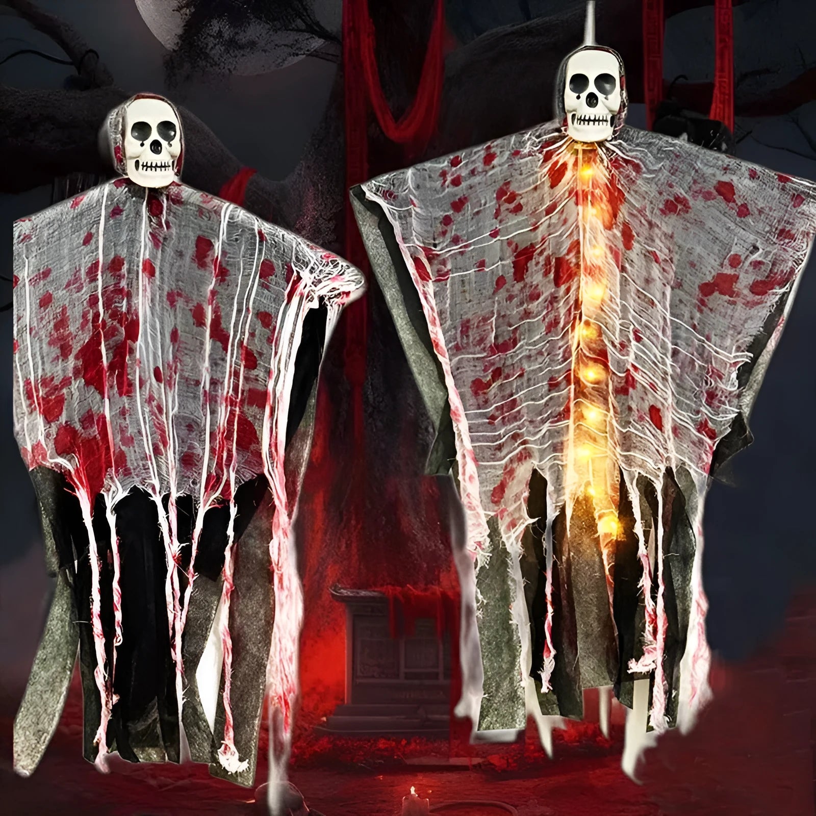 Plastic Halloween decoration showing luminous hanging ghost with blood-dyed skull design