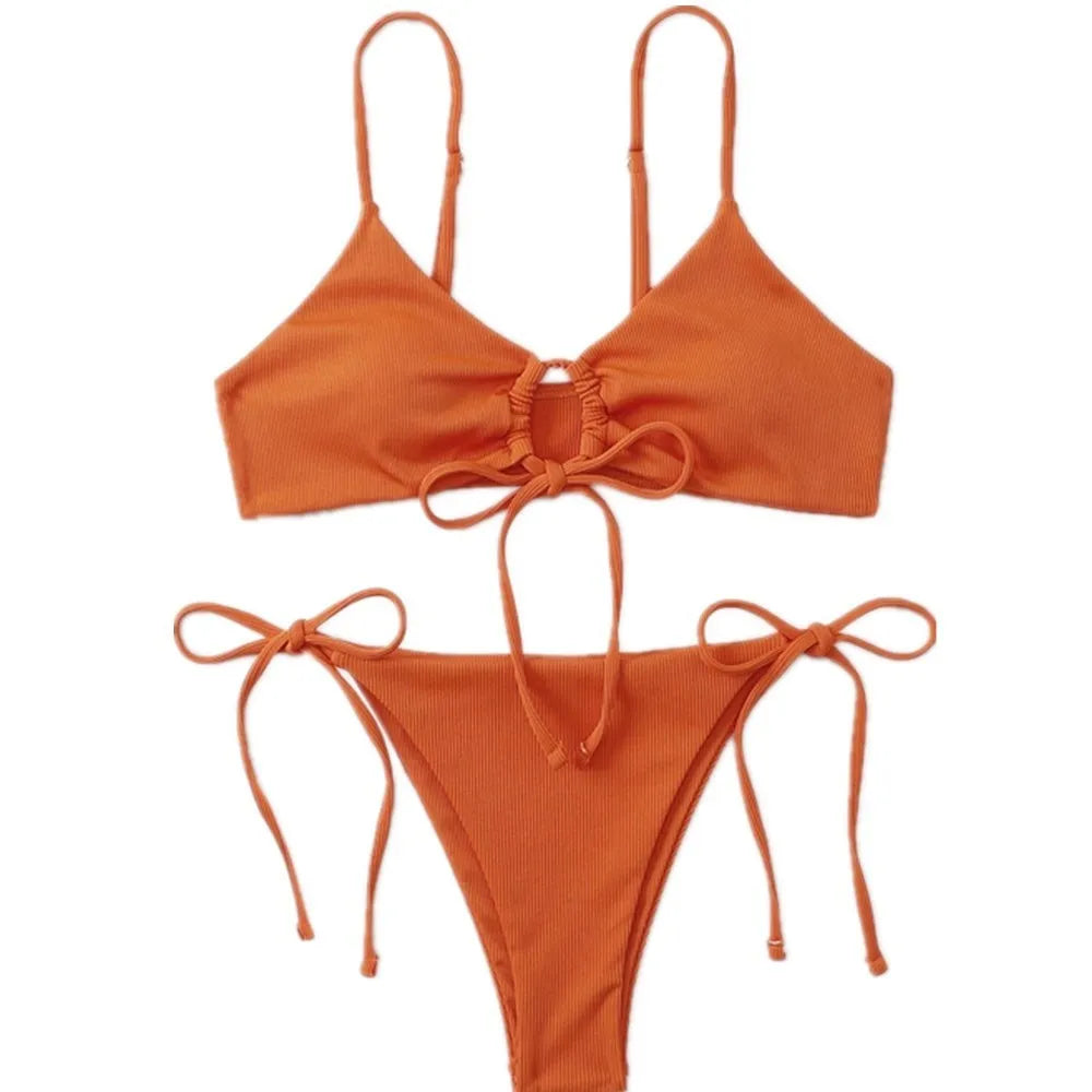 Women's solid colour drawstring bikini set on a mannequin, showing bra and briefs style.