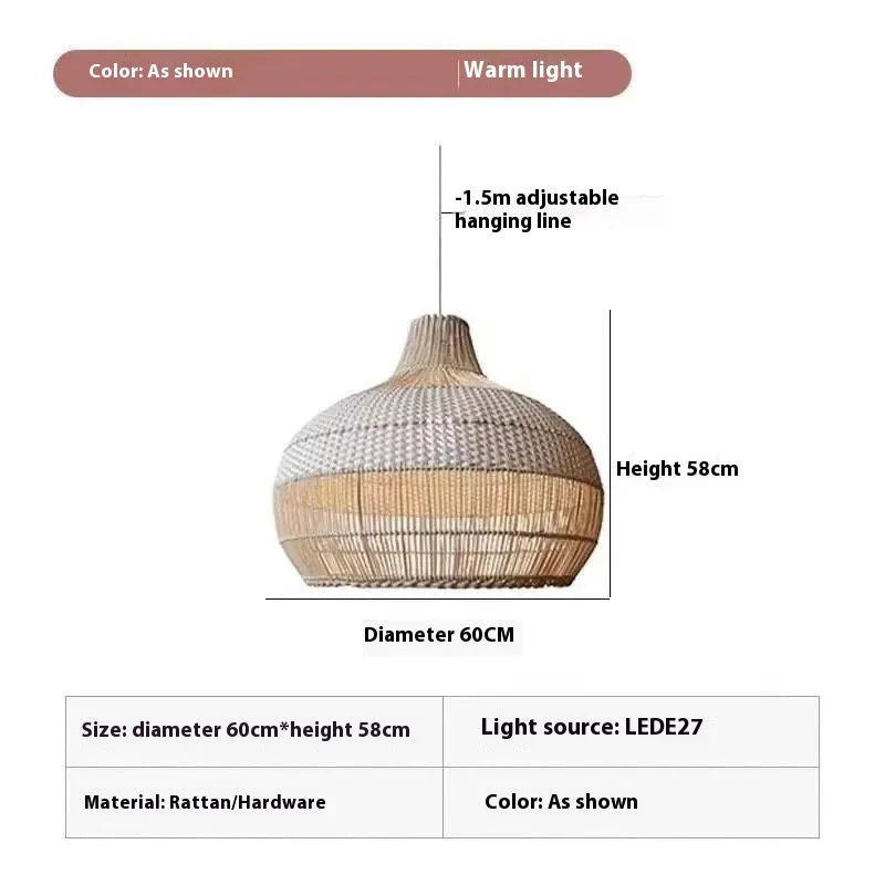 Woven rattan pastoral chandelier with a 60cm diameter, a ceiling light for Southeast Asian-style rooms.