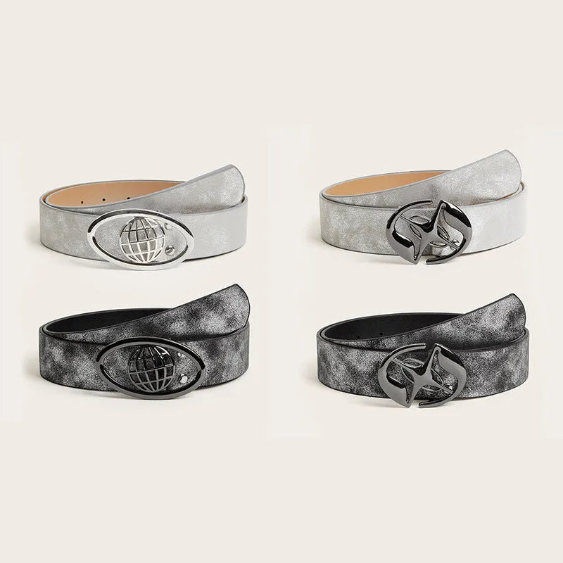 Women's decorative belt with oval alloy buckle in thick PU leather retro style