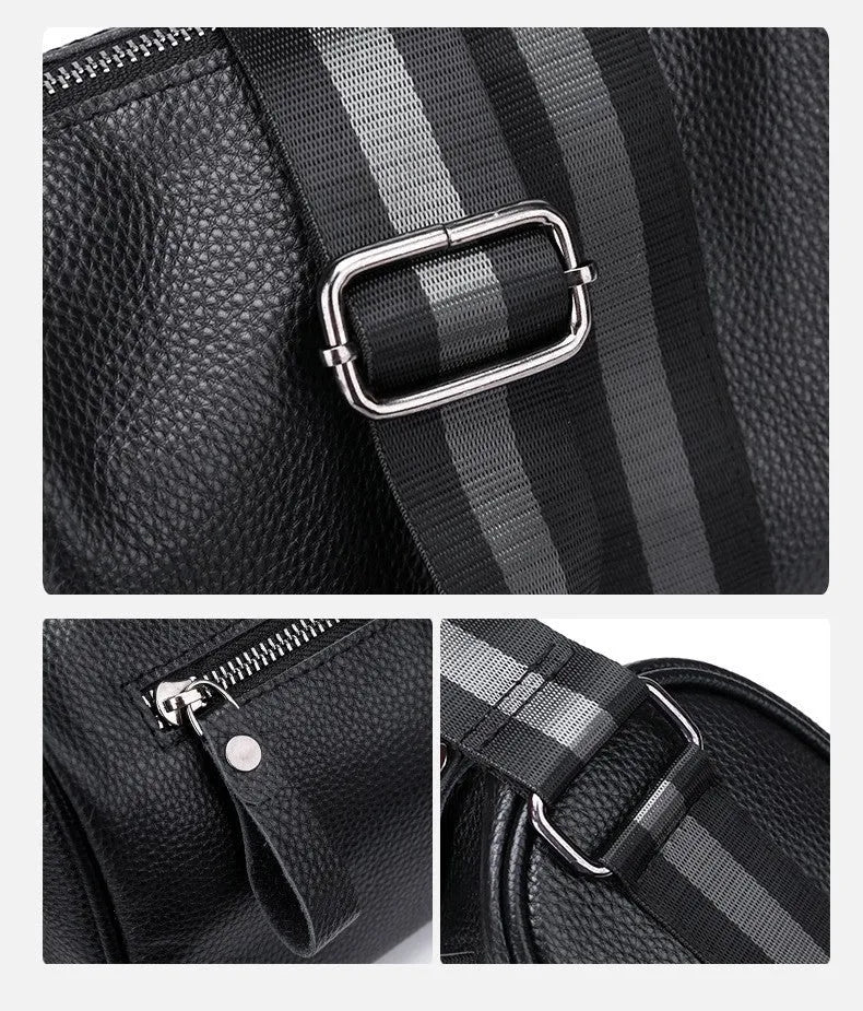 Black genuine leather one-shoulder crossbody bag showing front view and strap.