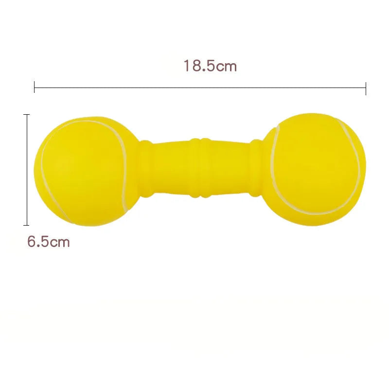 Brown, orange, white, and yellow PVC football dumbbell shaped dog squeaky toy on a white background.