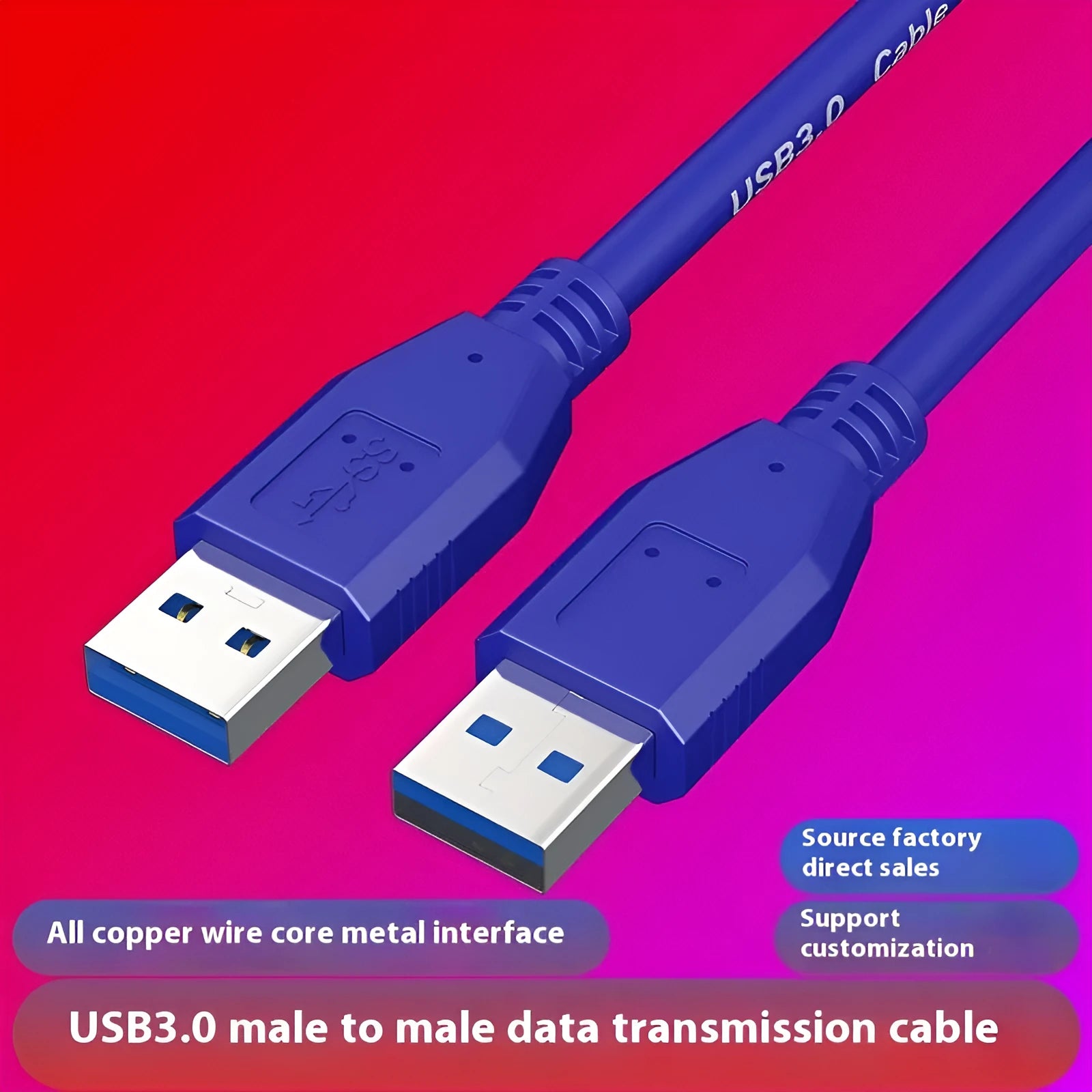 USB 3.0 data cable with nickel-plated connectors for external hard drive enclosures, shown with length options