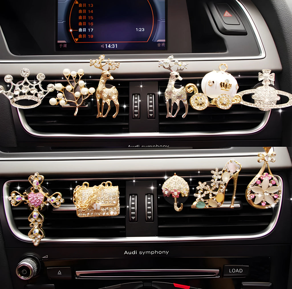 Alloy car air vent perfume clip with decorative designs and fruity fragrance