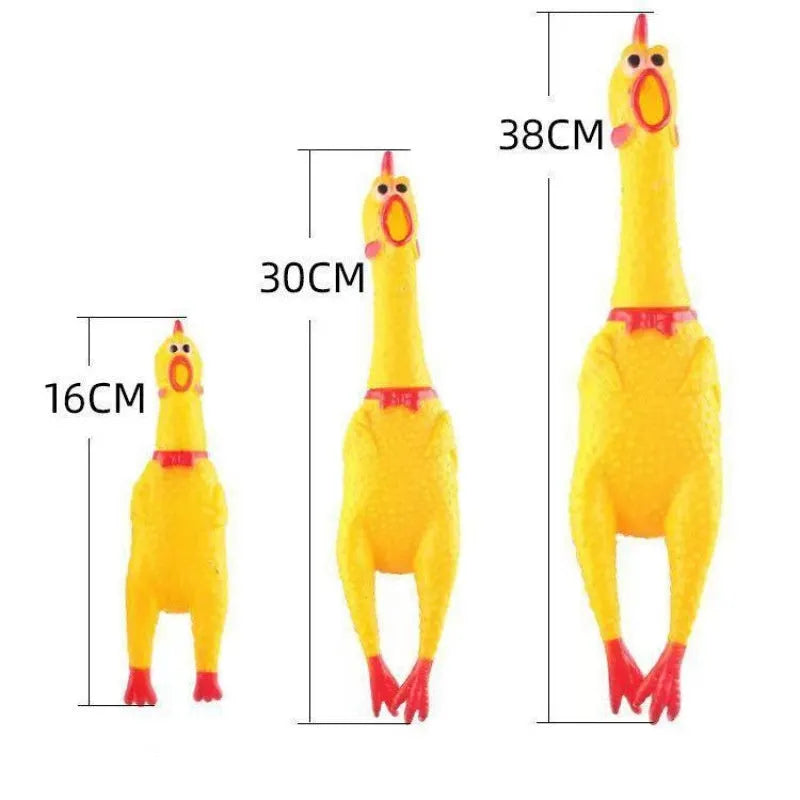 Yellow rubber squeaky chicken dog chew toy shown in small, medium, and large sizes.