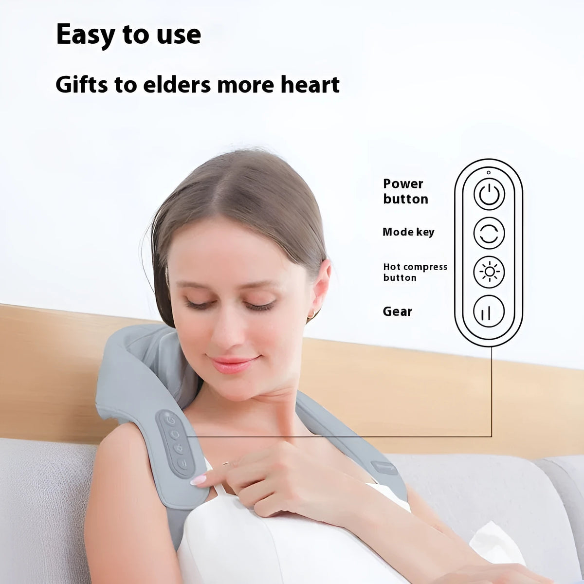 Grey USB-powered neck and back massager with elastic fabric and two-speed controls
