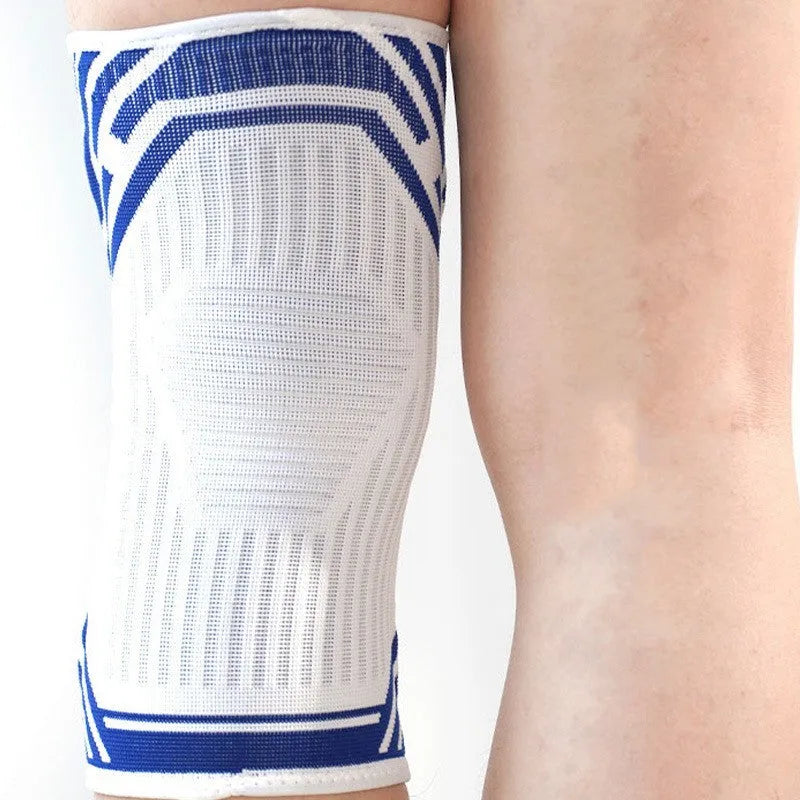 High elasticity knee pads in blue, yellow, and grey colours for adult sports protection
