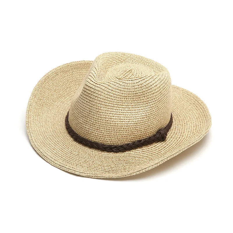Men's foldable wide brim straw sun hat in beige, shown in a travel context.