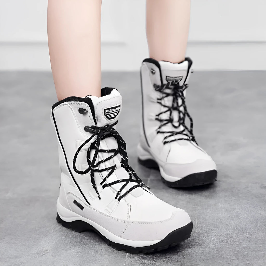 Women's mid-calf thermal snow boots in genuine leather with round toe, available in multiple colours