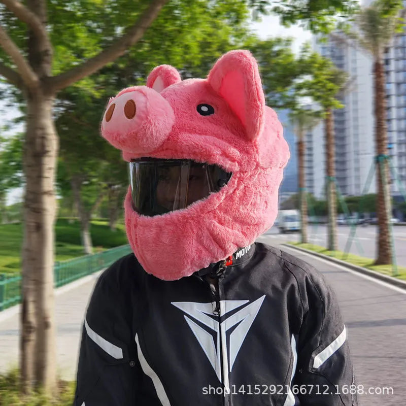Pink pig cartoon plush hood for motorcycle helmet protection
