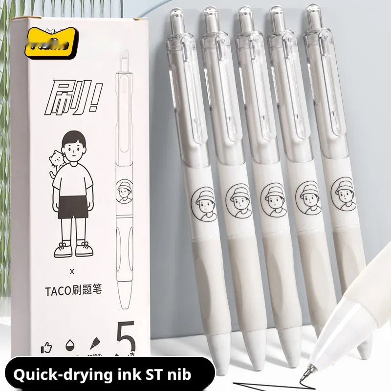 Five white Taco ballpoint pens with black 0.5mm tips arranged together