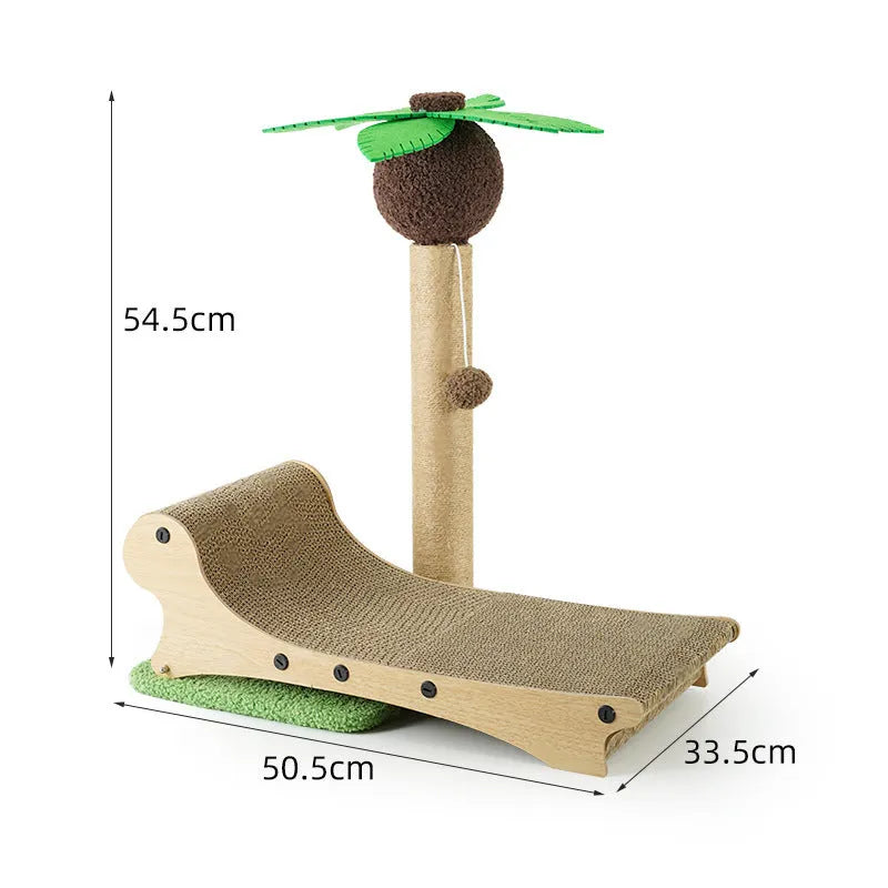 Wooden beach chair designed for cats, featuring a climbing frame, integrated scratch board, and hemp mat.