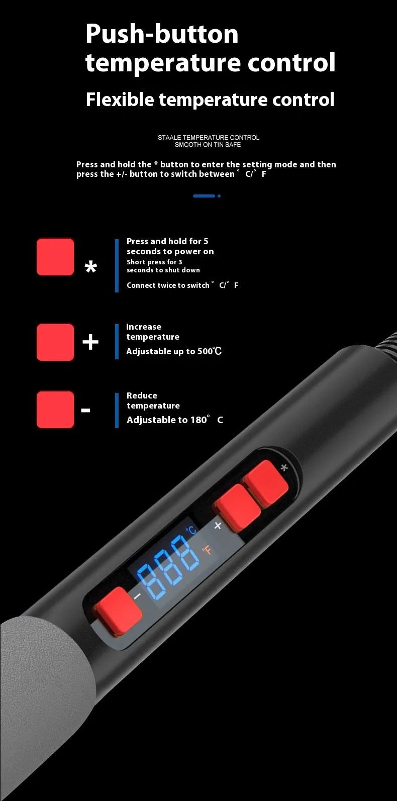 Grey 90W electric soldering iron with ceramic heating core, five tips, sponge, and tin wire on a workbench.