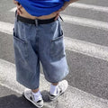 Men's blue washed denim pirate shorts with high waist and cropped straight-leg design