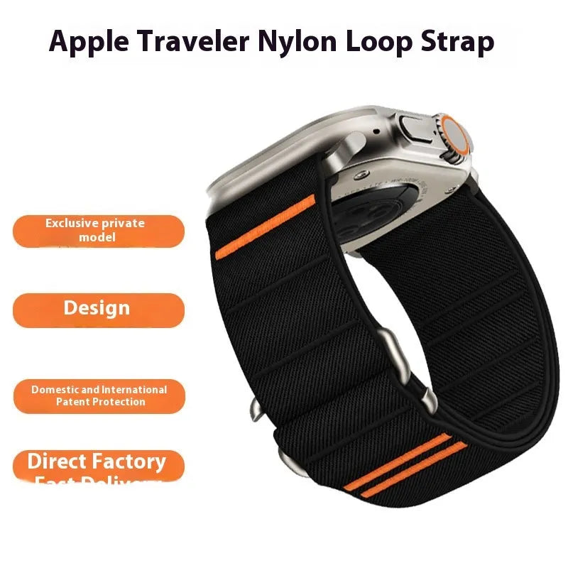 Elastic nylon sports band with stainless steel buckle for Apple Watch, shown in Army Green colour.