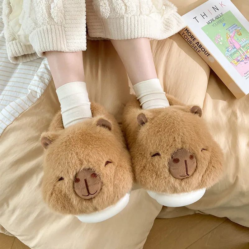 Light brown women's winter plush slippers with cartoon pattern and artificial wool lining