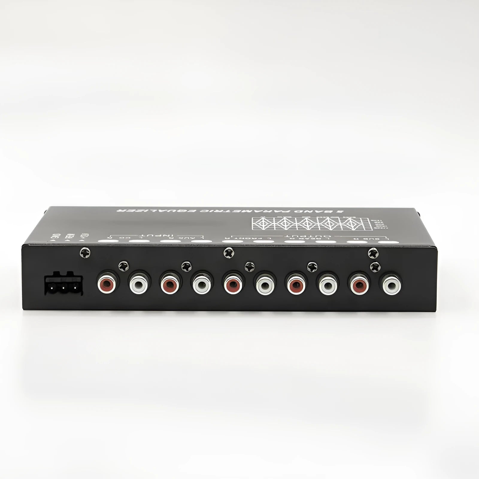 Car audio EQ tuning amplifier with front-panel controls for subwoofer frequency and volume adjustment