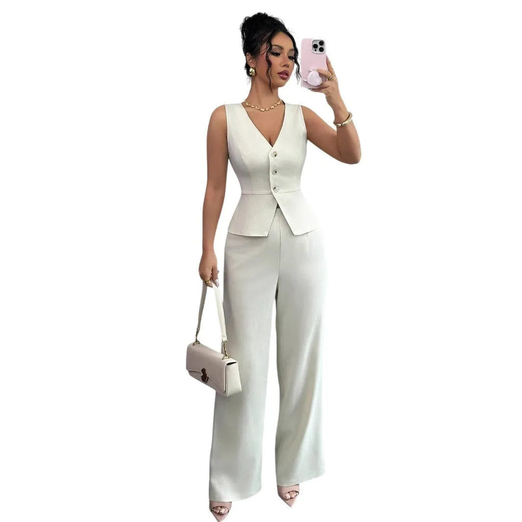 Women's solid colour sleeveless vest and high-waist trousers two-piece set in polyester casual wear