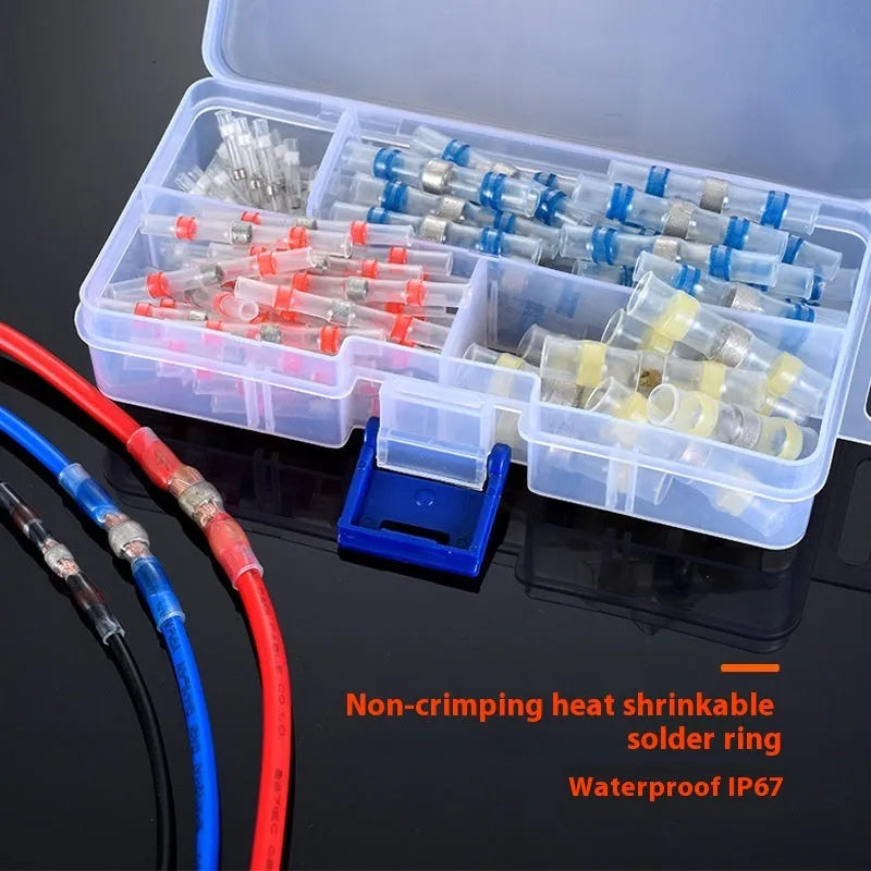 Blue, green, orange, purple, red, white, and yellow heat shrink solder ring terminals for electrical wiring.
