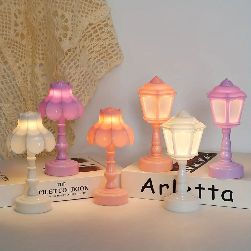 Retro pagoda shaped geometric night lamp in light purple colour with LED illumination