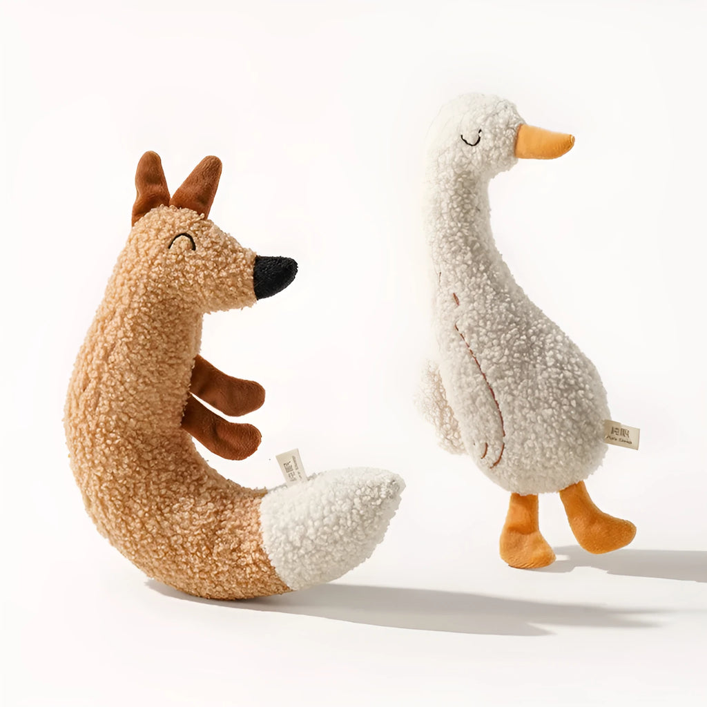 Plush fox and duckling dog toys with tug rope and squeaker in teddy velvet fabric