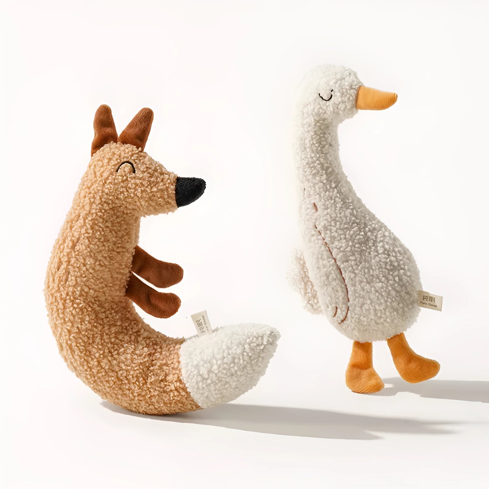 Plush fox and duckling dog toys with tug rope and squeaker in teddy velvet fabric