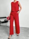 Red women's sleeveless top and wide leg trousers two-piece set on hanger
