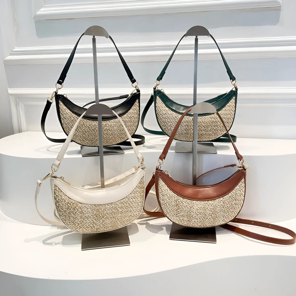 Hard straw crossbody dumpling bag showing sandwich pocket and internal zipper compartments