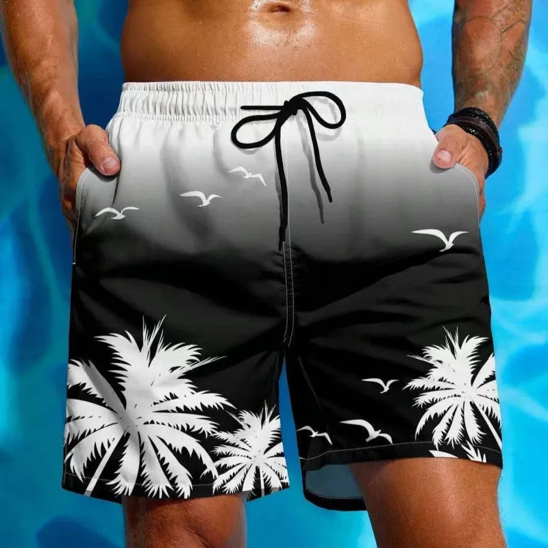 Men's ethnic style loose swimming trunks in polyester fabric on a size chart showing options S to 5XL.