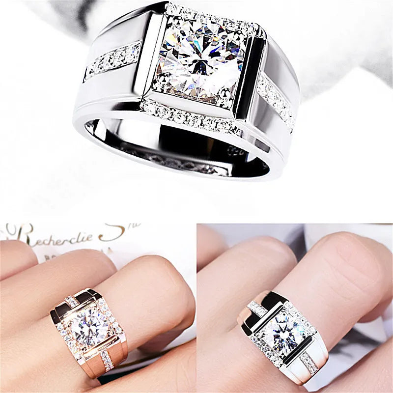 Men's adjustable imitation moissanite ring in metallic electroplated finish with geometric diamond pattern